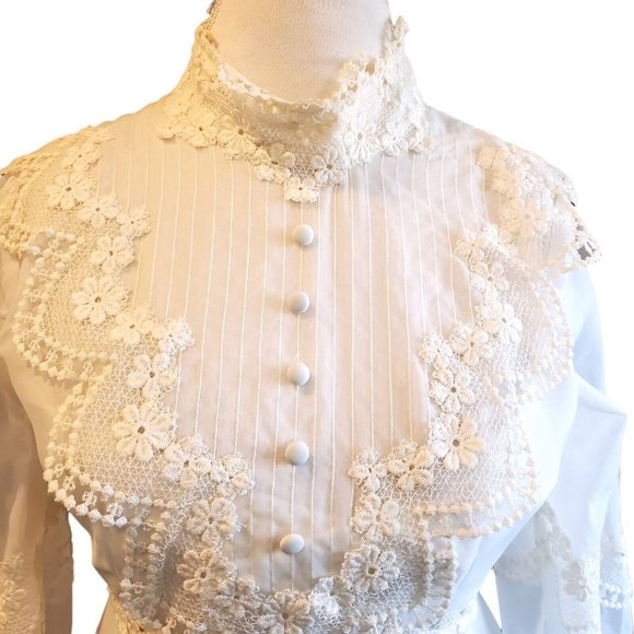 Vintage 70s Prairie Lace Wedding Dress Edwardian Victorian Pioneer Sheer Puff - Picture 4 of 16